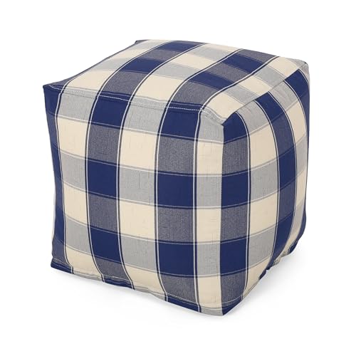 GDFStudio Modern Fabric Checkered Cube Pouf Ottoman Foot Stool - Bean Bag Floor Chair - Foot Rest Couch for Living Room Bedroom,Ivory and Navy Blue,16"" x 16"" x 16"", 313655N - color: Ivory+navy, size: 16"
