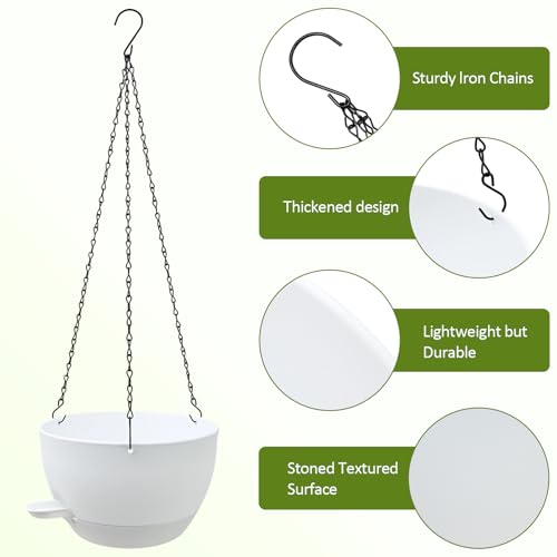 WOUSIWER Self Watering Hanging Planters, 2 Pack 10'' Plastic Pots with Drainage Holes & Reservoir Tray (White) | Indoor & Outdoor Use for Ferns, Ivy, Herbs, Succulents - color: White, size: 2 Pack 10 inches