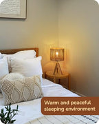 EDISHINE Small Rattan Table Lamp, Wood Tripod Bedside Lamp, Boho Nightstand Lamp for Living Room, End Table, Office, E26 Base, Natural Style - style: Vertical Stripes