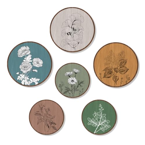 KOYILTD 6 Pcs Boho Plant Wall Art Vintage Home Decoration Wooden Aesthetic Floral Wall Decor Bohemian Farmhouse Rustic Wall Art for Home Living Room Bedroom Office (Vintage)