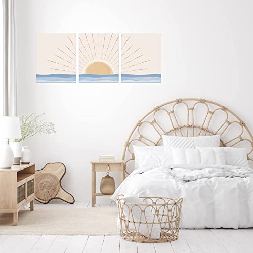Boho Wall Art Set of 3, Neutral Geometric Sun Rising on the Sea Minimalist Art Framed Canvas Prints Artwork, Mid Century Modern Boho Sun Wall Art Decor for Bathroom, Bedroom, Living Room, Office - size: 12x16Inchx3pcs-Framed
