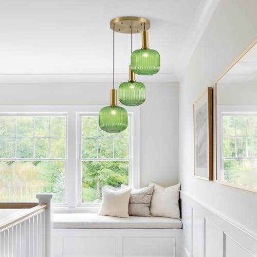 BOKT Green 3-Light Cluster Pendant Lights Mid Century Modern Ceiling Hanging Lighting 7.9" Farmhouse Gold Pendant Lights Kitchen Island with Ribbed Hand Blown Glass for Living Room Dining Room - color: Green 3-Light