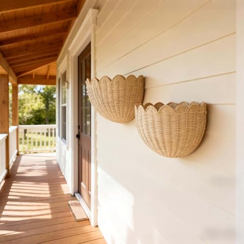 Scalloped Wall Basket,Hand Woven Hanging Wicker Wall Baskets Set, 16 x 10 x 7 & 14 x 8 x 6 Inch Scalloped Rattan Wall Basket Decor for Home,Bathroom,Living Room Organizing