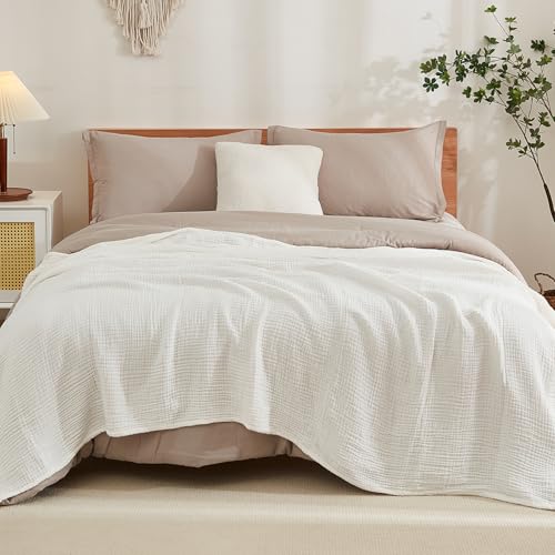 EMME Cotton Muslin Large Throw Blanket Couch 4-Layer Breathable Gauze Soft Lightweight Bed Blankets Adults (50"x71") - color: 04 - White, size: Throw XL (50" x 71")