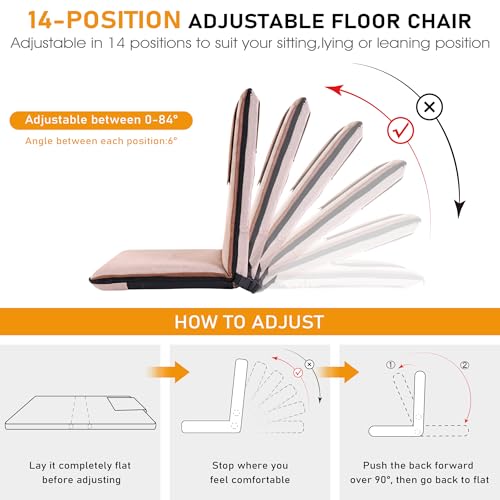 Floor Chair with Back Support 14-Position Adjustable Floor Chair Portable Ground Seating for Adults & Kids Foldable Meditation Seat with Japanese KOYO Bearings & Washable Linen Cover (Coffee) - color: Coffee & Brown, style: Regular