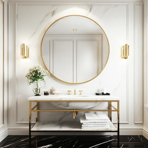 Sunniry Gold Round Mirror 30 inch, Large Circle Mirror, Round Wall Mirror Brushed Metal Frame, Gold Circle Mirrors for Wall, Bathroom, Living Room, Hallway. - color: Gold, size: 30"L x 30"W