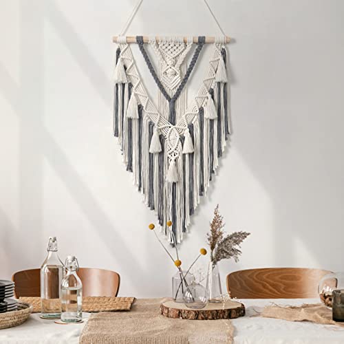 Dremisland Macrame Woven Wall Hanging Boho Geometric Woven Tapestry Beige & Grey Cotton Handmade Bohemian Art Decor with Tassel Craft Ornament for Bedroom Living Room Apartment Nursery (Grey) - color: Grey