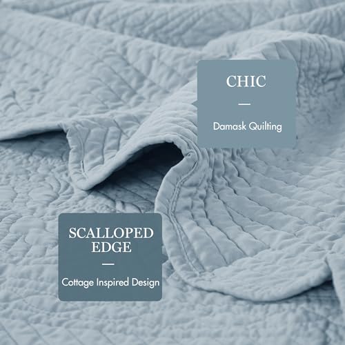 Madison Park Luxe Quilted Throw Blanket - Damask Stitching Design, Cotton Filled Spread, Ultra Soft, Cozy Bedding for Living Room Couch, Sofa, Bed, 60x72, Scalloped-Border Blue - color: Scalloped Edges Blue, size: 60"x72"