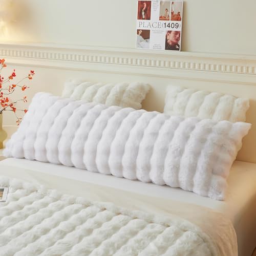 LIFEREVO Fluffy Faux Rabbit Fur Body Pillow Cover, Luxury Bubble Waffle Shaggy Plush Bed Body Pillowcase with Zipper Closure, Long 20"x54" Fuzzy Furry Pillow Case for Adults Kids Girls Teens, White - color: White