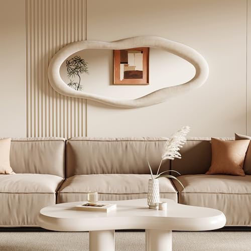 Honyee 55" x 24" Wall Mirror, Flannel Wrapped Wooden Frame Wavy Mirror, Irregular Mirror Hanging for Cloakroom/Bedroom/Living Room, Ivory White - color: Ivory White, size: 55"L x 24"W