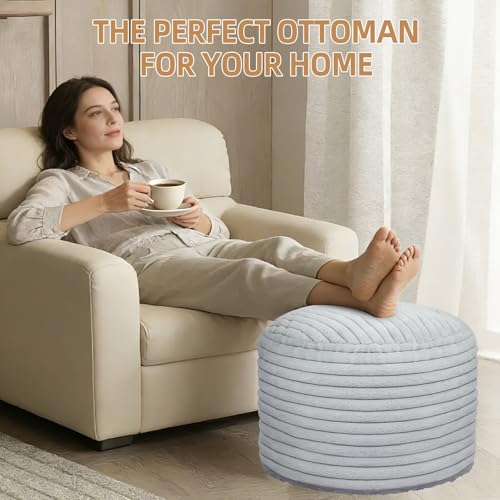 Round Stuffed Pouf Ottoman Foot Rest for Couch Round Ottoman with Foam Chunk Filling Stripe Faux Fur Ottomans for Living Room Floor (20"x15",Light Grey) - color: B-light Grey, size: 20"D x 20"W x 15"H