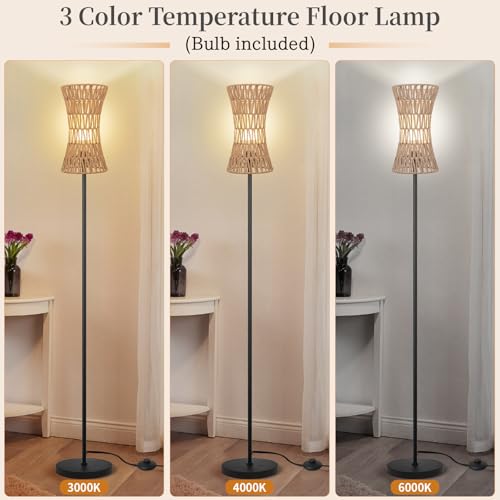 Ruiever Floor Lamp for Living Room,Farmhouse Floor lamp,Modern Standing lamp with Hand-Worked Rattan Shade (Slim Waist Rattan Shade-3 Color Bulb) - style: Slim Waist Rattan Shade-3 Color Bulb