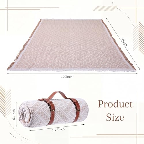 Frienda 70 x 120 Inch Extra Large Brown Outdoor Picnic Blanket Woven Cotton Yarn Blanket with Fringe and Leather Storage Strap Boho Decor for 8 to 12 Camping Lawn Wedding Photoshoot Beach Park Grass - color: Brown, size: 70 x 120 Inch