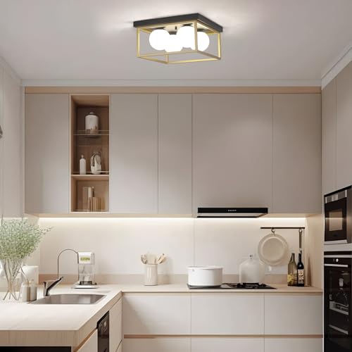 Flush Mount Ceiling Light, 12.6” Close to Ceiling Light Fixtures with Globe Glass Shade, 4-Light Black and Gold Light Fixture for Living Room Dining Room Bedroom Kitchen Hallway Entryway - color: Black and Gold