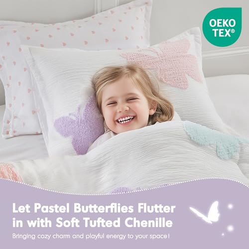 Intelligent Design Kids Rio Twin Duvet Set – Girls’ Reversible Tufted Chenille Bedding with Pastel Purple Butterflies and Pink Dot, 2pcs - color: Multicolor, size: Twin