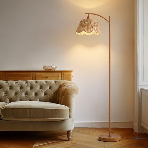 Oneach Rattan Floor Lamp for Bedroom, Boho Floor Lamp with Foot Switch, Farmhouse Standing Lamps for Living Room with Hand-Woven Shade, Walnut Metal Base & Pole - color: Walnut