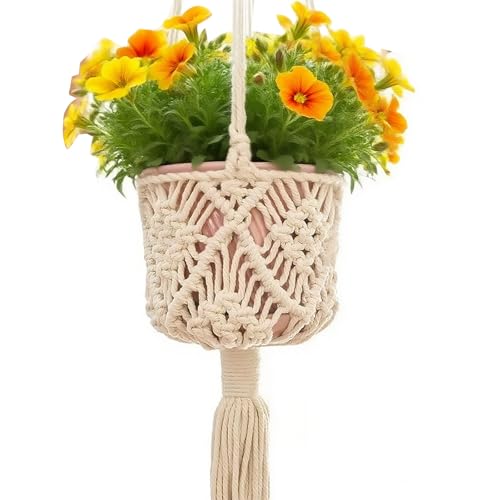2 Pack Macrame Hanging Planters with Patterns - Stylish Plant Hangers Crochet Boho Plant Holder Hanging Plant Basket for Up to 6 Inch Pots(White) - color: White