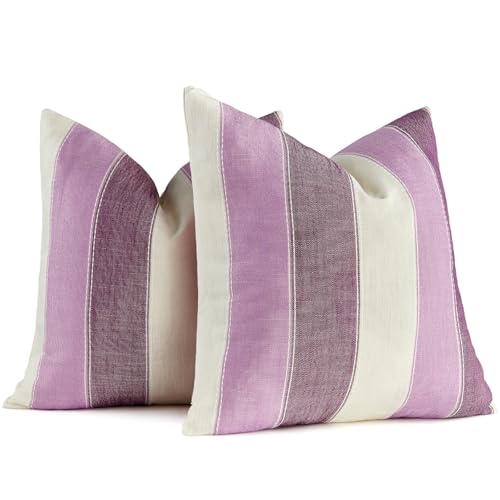 AmHoo Pack of 2 Farmhouse Stripe Check Throw Pillow Covers Set Case Cotton Linen Decorative Pillowcases Cushion Cover for Couch Bench Sofa 16x16 Inch Purple - color: Purple, size: 16" x 16" (Pack of 2)