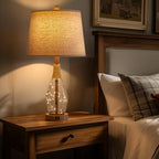 OYEARS Bedside Table Lamps Set of 2 with USB, Modern Bedside Lamps Retro Farmhouse Rattan Glass Nightstand Nightlight Lamps for Bedroom Living Room Dorm,Two Light Points - color: Wood-Like