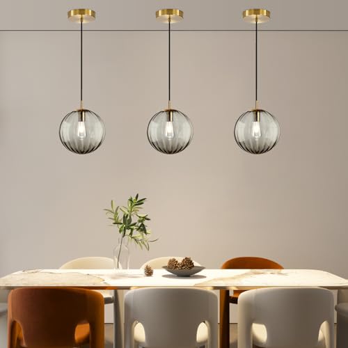 Modern Smoke Grey Glass Pendant Light, Kitchen Island Lighting 3-Pack Globe Pendant Light Fixtures Century Kitchen Island Pendant Lighting for Bedroom Living Dining Room Light Fixture (Without Bulb) - color: BW-Smoky Gray-1 Light-3PC