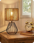 Rattan Table Lamp, Boho Table Lamp, Small Bedside Lamp, Handwoven Paper Lampshade, 2700K LED Bulb Included, Boho Desk Lamp, Modern Nightstand Lamp for Bedroom, Living Room, Striped SW06TL05 - color: Striped + Black