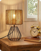 Rattan Table Lamp, Boho Table Lamp, Small Bedside Lamp, Handwoven Paper Lampshade, 2700K LED Bulb Included, Boho Desk Lamp, Modern Nightstand Lamp for Bedroom, Living Room, Striped SW06TL05 - color: Striped + Black