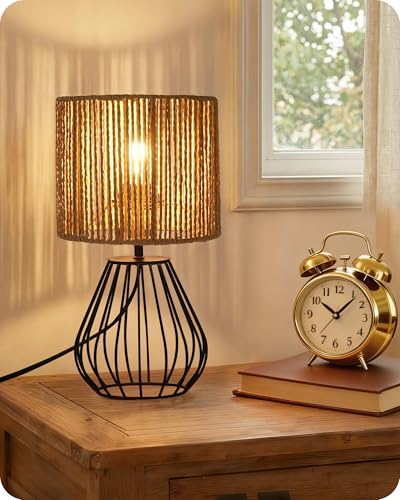 Rattan Table Lamp, Boho Table Lamp, Small Bedside Lamp, Handwoven Paper Lampshade, 2700K LED Bulb Included, Boho Desk Lamp, Modern Nightstand Lamp for Bedroom, Living Room, Striped SW06TL05 - color: Striped + Black