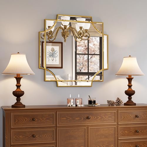 Kelly Miller Gold Framed Mirror for Wall, 26"x26" Gold Square Vanity Mirror Decorative Mirror Beveled Wall Decor for Bathroom Powder Room Living Room Bedroom Bedside Table Entryway Hallway - size: 26"L x 26"W