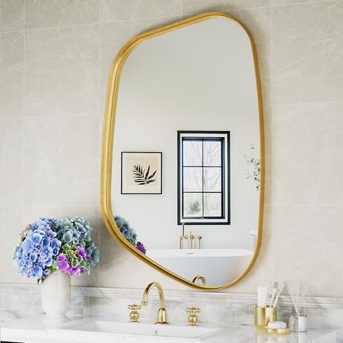 Irregular Wall Mirror 26"x40" Bathroom Mirrors Asymmetrical Artistic Decorative for Living Room Bedroom Bathroom Hallway Entryway,Trapezoid,Gold - color: Gold, size: 40"L x 26"W
