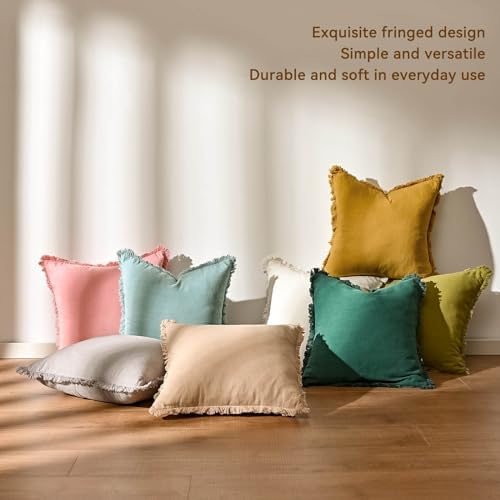 AmHoo Pack of 2 Linen Pillow Covers with Tassels Fringed Decorative Rustic Natural Throw Pillowcase Cushion for Couch Sofa Bedroom 20 x 20-Inch Mustard Yellow - color: Mustard Yellow, size: 20" x 20" (Pack of 2)