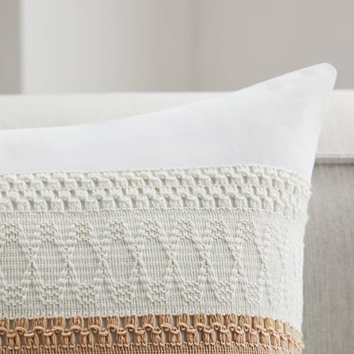 Soft Cotton Boho Throw Pillow Covers Set of 2, Natural White/Contrast Beige 24x24 Inch, Beige Farmhouse Decorative Cushion Covers for Sofa Bed Living Room Home Decor - color: Natural White/Contrast/Beige, size: 24" x 24" (Pack of 2)