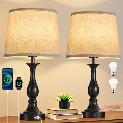 Bedside Table Lamp Touch Control Bedroom Lamps with USB A + C Charging Port 3 Way Dimmable Touch Lamps for Nightstand Living Room Bedroom Dorm Home Office Reading, Set of 2 (Beige Shade & Black Base) - color: Beige Shade & Black Base