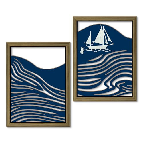 Putuo Decor Abstract Wall Art, Set of 2 Blue Ocean Wave Modern Wall Art for Living Room, Minimalist Nautical Wall Decor for Home or Office 16x8 In - color: Blue Mountain