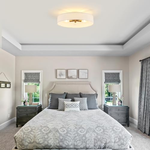 VILUXY Gold Semi-Flush Mount Ceiling Light Fixture with 24" Large White Fabric Drum Shade 5-Light for Bedroom Dining Room Entryway Round Ceiling Lamps - color: White
