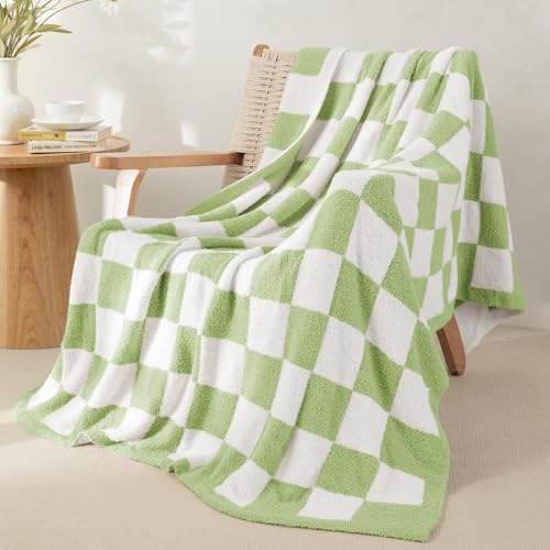 Whale Flotilla Checkered Knit Throw Blanket, Ultra Soft Warm Reversible Cozy Decorative Blankets for Couch Sofa and Bed, 50x60 Inch, Light Green - color: Light Green Checker, size: 50x60 Inch