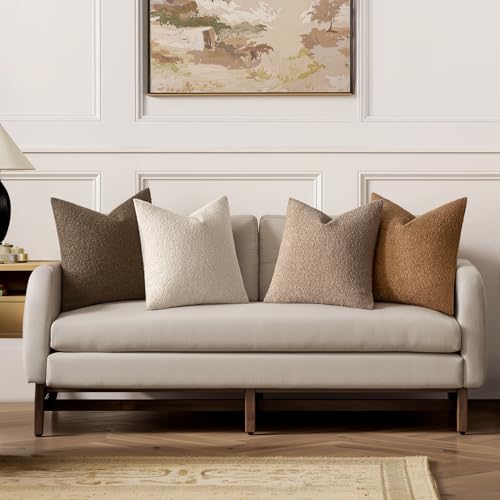 MIULEE Pack of 4 Decorative Textured Boucle Throw Pillow Covers 18x18 Inch Neutral Brown Accent Solid Pillow Cases Couch Cushion Covers for Modern Farmhouse Boho Chair Sofa Bed Room Home Decor - color: Neutral Brown, size: 18" x 18" (Pack of 4)