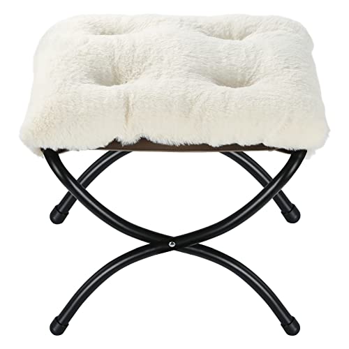 15" Foldable Foot Stool Ottoman with Metal Frame - Washable Faux Fur Beige Upholstered Indoor/Outdoor Footrest for Living Room, Bedroom, Patio - Space-Saving Compact Design - color: Fleece-beige