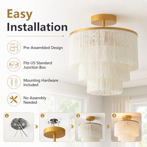 3-Tiered Boho Chandelier with Metal and Fringe,3 Lights Fringe Pendant Light Fixture,Tassle Chandelier for entryway,Dining Room,Baby Nursery,Gold and Light Beige - color: 3-Tiered-Light Yellow