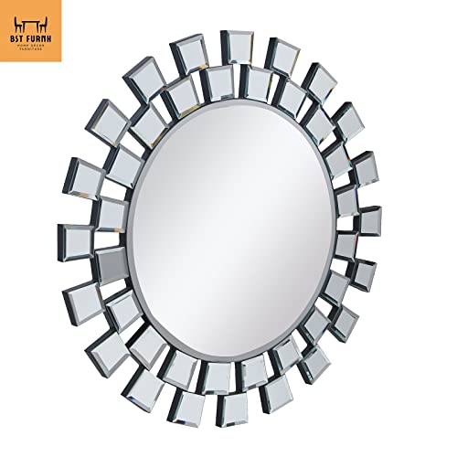 BST FURNH Sunburst Wall Mirror, 24 Inches Decorative Round Frameless Mirror for Living Room - color: Sunburst