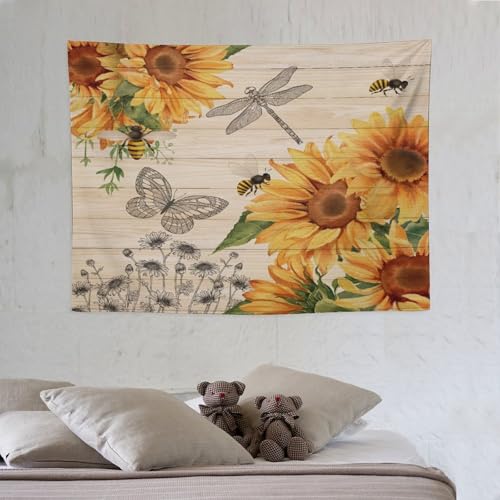 Sunflower Tapestry,Watercolor Flower Rustic Wooden Plank Retro Barn Door Butterfly Tapestry for Bedroom,Nature Landscape Tapestry Wall Hanging for Living Room Dorm Home Decor,40"x30" - color: Sunflower-4, size: W40xL30in