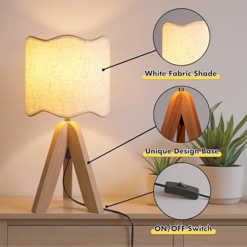 Hamilyeah Tripod Table Lamp with Wood Base, Bedside Lamp with Scalloped Fabric Linen Shade and On/Off Switch, Morden Nightstand Desk Lamp for Bedroom, Living Room, Kids Room, Office Dorm - color: Walnut Beige 1 PACK