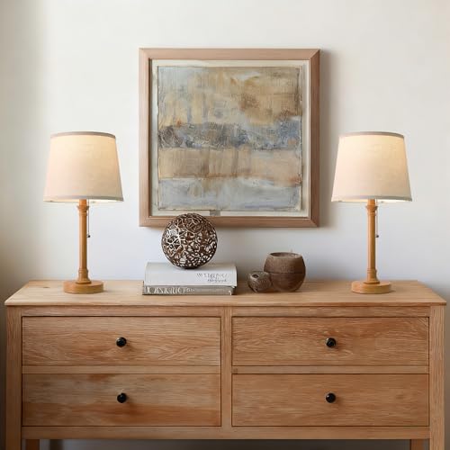 Oneach 19.5" Small Table Lamps Set of 2, Pull Chain Switch Bedside Metal Table Lamps, Modern Nightstand Lamp with Linen Shade, Rustic Lamp for Living Room, Bedroom, Home Office, Nursery - color: Wood Grain-2Pack