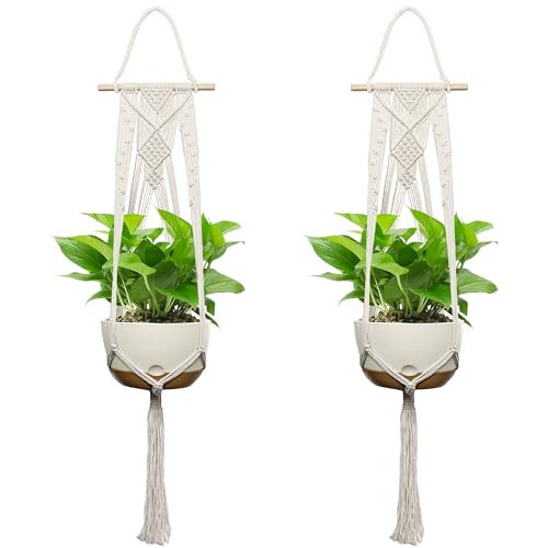 USLAI Macrame Plant Hanger Indoor Outdoor, Fits 4 to 12 Inch Pots, Hanging Planter Holder with Dowel Rod and Tassels, Boho Home Decor, 47+47 Inch, Ivory (POTS NOT Included) - color: Ivory, size: 47+47 Inch