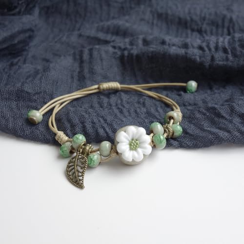 Handmade Green Boho Bracelets for Women, Bohemian Ceramic Beads Bracelets for Friends, Trendy Porcelain Stone Beaded Bracelets for Sisters - color: green