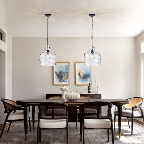 12" Farmhouse Pendant Light, Hand-Blown Clear Hammered Glass Hanging Ceiling Light Fixture with Black Finish and Adjustable Chain, Modern Rustic Lighting for Kitchen Island, Dining Room, E26 Socket - color: Chain Black