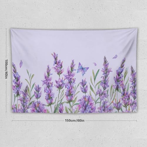 HZOHNAGO Lavender Flower Tapestry Watercolor Purple Floral Butterfly Pattern Printed Wall Tapestry Wall Hanging for Bedroom Living Room Dorm 60" W x 40" H - color: Lavender-10, size: 60"L x 40"W