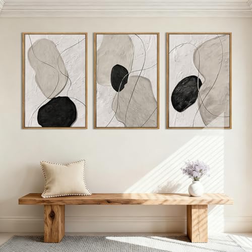 ANHUIB Neutral Abstract Wall Art Canvas,Mordern Geometric Wall Decor Framed,Contemporary Minimalist Artwork, Black Beige Canvas Prints, 3 Piece 16 * 24IN Painting for Living Room Bedroom Office - color: Grey Abstract, size: 24"L x 16"W