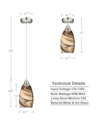 karyfine Mini Pendant Lights Kitchen Island Light Brown Glass Lamp Shade Hand Blown Glass Pendant Light with Brush Nickel Finish Adjustable Cord for Kitchen Over Sink, Dining Room (Light Brown-3P) - color: Light Brown-3Packs