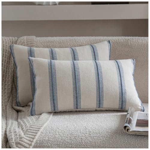 Cethom Boho Lumbar Throw Pillow Covers 12x20 Set of 2, Beige and Blue Striped Decorative Pillow Cases for Couch Chair Bed, Farmhouse Accent Cushion Covers for Living Room Bedroom Sofa Home Decor - color: Classic Blue, size: 20" x 12" (Pack of 2)