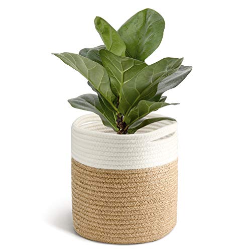 TIMEYARD Jute Rope Plant Basket Small Woven Storage Baskets for Up to 7" Planter, 8" x 8" Decorative Plant Pot Cover Woven Planter Basket Laundry Baskets with Handles Modern Home Décor - color: Jute Mixed White, size: 8" x 8"